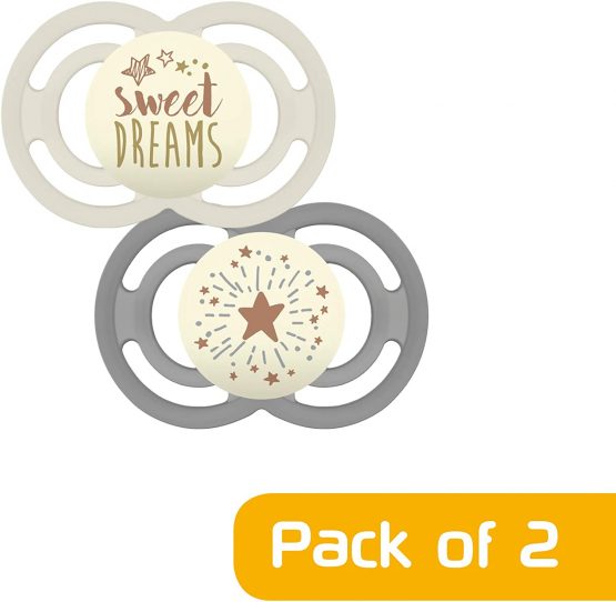 MAM Perfect Soothers 6+ Months (Pack of 2), Thinner and Softer Baby Soothers with Self Sterilising Travel Case, Newborn Essentials, White/Grey (Designs May Vary) - Image 3