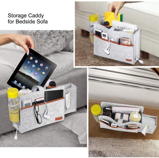 Simboom Bedside Pocket Felt Hanging Storage Bag with Tissue Box and Water Bottle Holder, Dorm Bedroom Bed Sofa Organizer for Phone, Tablet, Remote, Magazines - Light Grey - Image 3