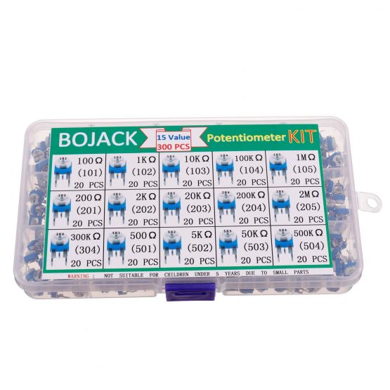BOJACK 15 Values 300 pcs 100 Ohm- 2M Ohm Variable Resistor 6mm Potentiometer Assortment Kit packag in a Clear Plastic Box - Image 2