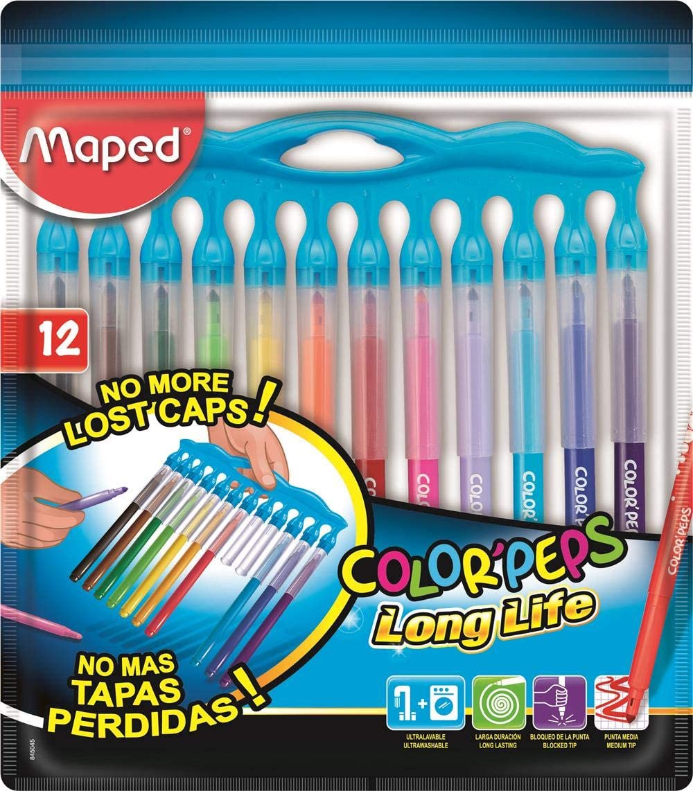 Maped Color'Peps Long Life Innovation Colouring Pens with Holder (Pack fo 12), Multicolored, 12 Count (Pack of 1)