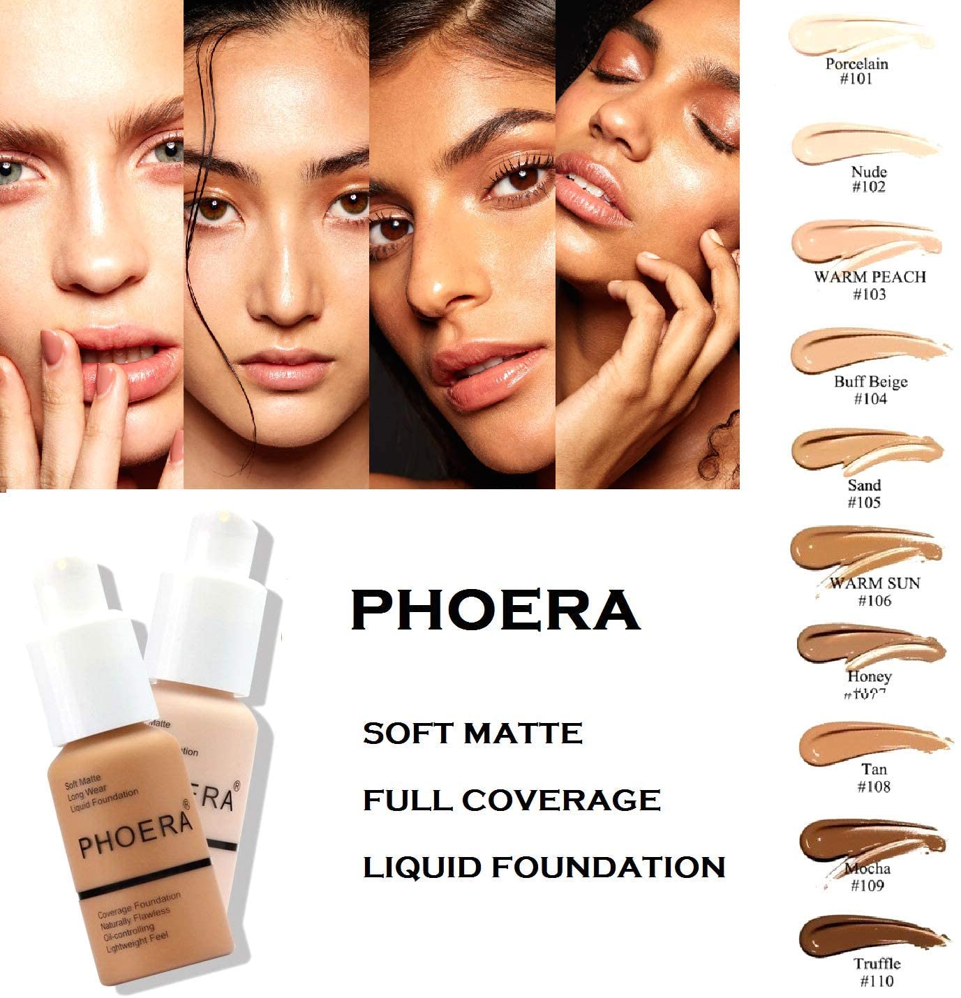 Phoera 30ml Foundation Liquid Full Coverage 24hr Matte Oil Control Concealer Nude 102buff 