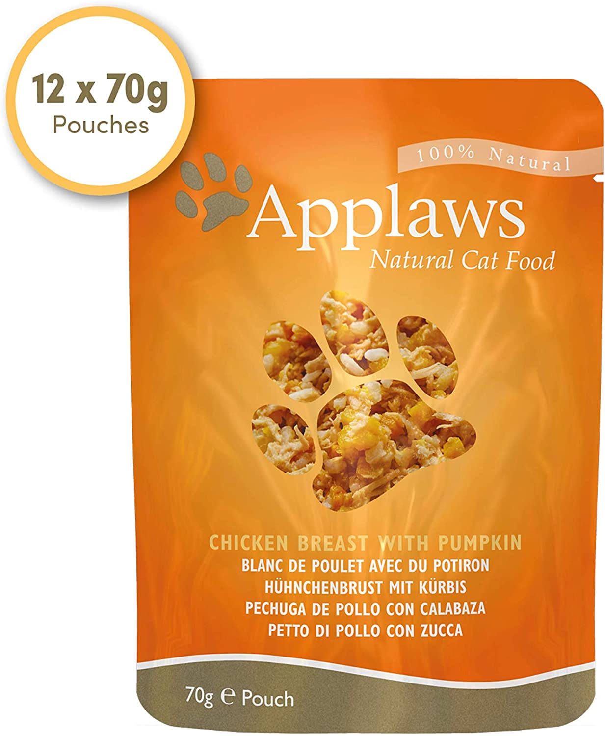 Applaws 100% Natural Wet Cat Food, Chicken Breast and Pumpkin in Broth 70g Pouch, 12x70g Pouches, red, 70 g (Pack of 12)