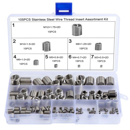 WiMas 105Pcs Helicoil Type Thread Inserts, Stainless Steel Wire Thread Inserts Assortment Kit M3 M4 M5 M6 M8 M10 M12