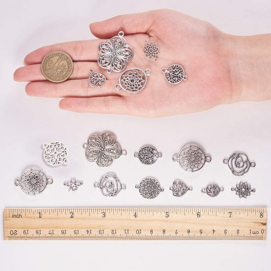 SUNNYCLUE 1 Box 60pcs 10 Styles Flower of Life Connectors Charms Heart Hollow Pendants for Jewellery Necklace Bracelet Making Craft Supplies Jewelry Findings Accessory, Antique Silver - Image 3