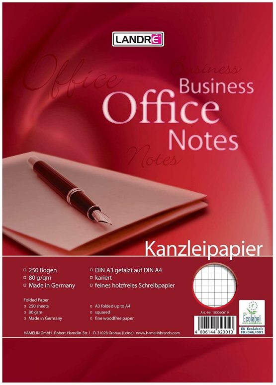 Landre 100050618 Foolscap Paper, DIN A3 Folded to A4, Lined, 80 g/m² Fine, 250 Sheets per Pack Official Paper"Office", DIN A3 Folded to A4, Squared