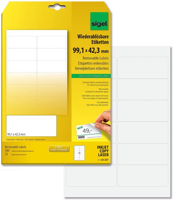 SIGEL LA221 Universal Removable Labels, 9.91 x 4.23 cm, 300 lbl = 25 sheets, white