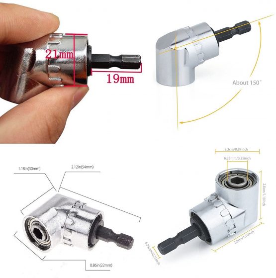 QISF 2Pcs Right Angle Drill, 105 Degree 1/4 Inch Right Angle Drill Adapter Hex Shank Screwdriver Angled Bit Holder Power Drill Tool(1Pcs Short & 1Pcs Long) + 1Pcs Flexible Angle Extension Bit Kit - Image 4