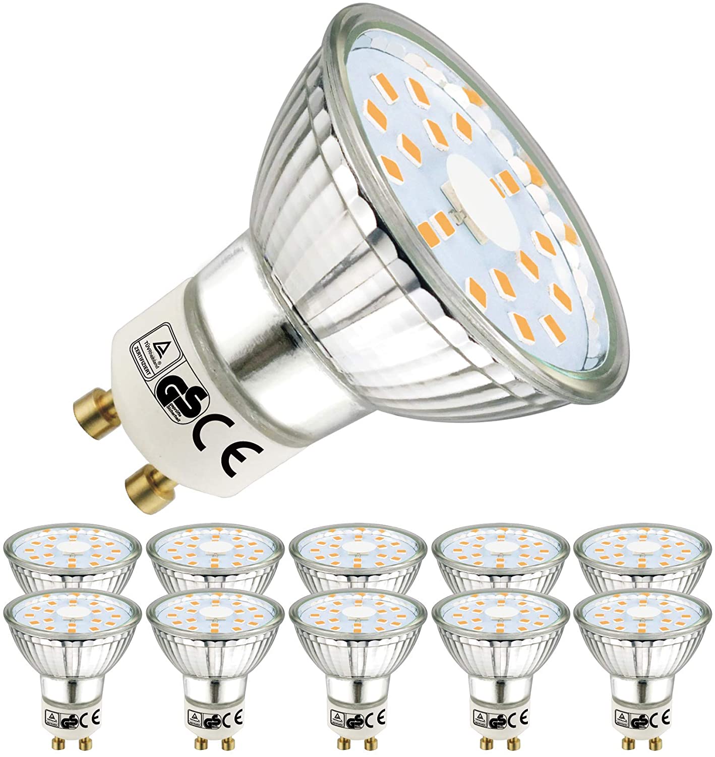 EACLL GU10 LED Bulbs Warm White 4.9W Equivalent 70W Halogen, Pack of 10, 515 Lumens 2700K, AC 230V Flicker-Free Spot Light