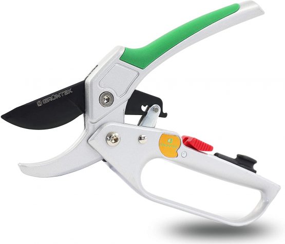 GRÜNTEK Secateurs CONDOR 200 mm, automatic ratchet, Ø20 mm, SK5 blade, aluminium handles with PVC coating, incl. oil sponge and sharpener