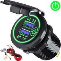 Quick Charge 3.0 USB Car Charger Socket 12V/24V 36W Dual QC3.0 USB Fast Charger Socket Power Outlet with Touch Switch for Marine, Boat, Motorcycle, Truck, Golf Cart (Green)
