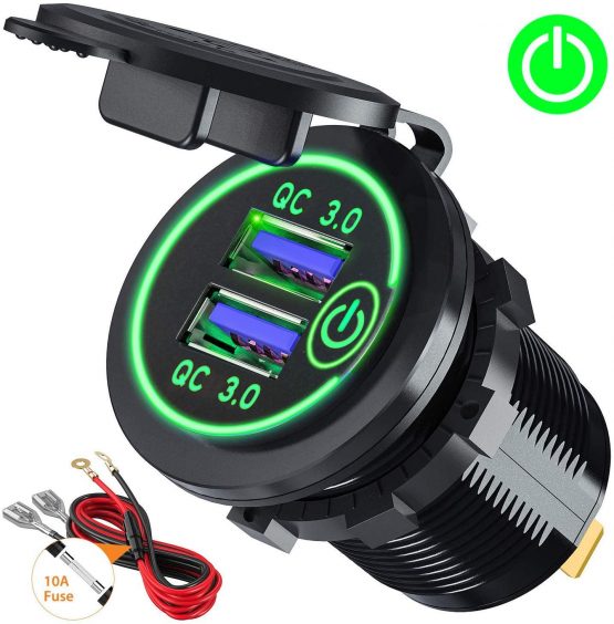 Quick Charge 3.0 USB Car Charger Socket 12V/24V 36W Dual QC3.0 USB Fast Charger Socket Power Outlet with Touch Switch for Marine, Boat, Motorcycle, Truck, Golf Cart (Green)