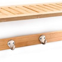 Relaxdays Wall-Mount Towel Rack, Size: 18 x 50 x 16 cm, w/ 4 Hooks, Bamboo, Natural Brown