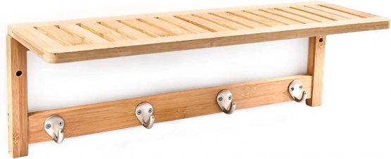 Relaxdays Wall-Mount Towel Rack, Size: 18 x 50 x 16 cm, w/ 4 Hooks, Bamboo, Natural Brown