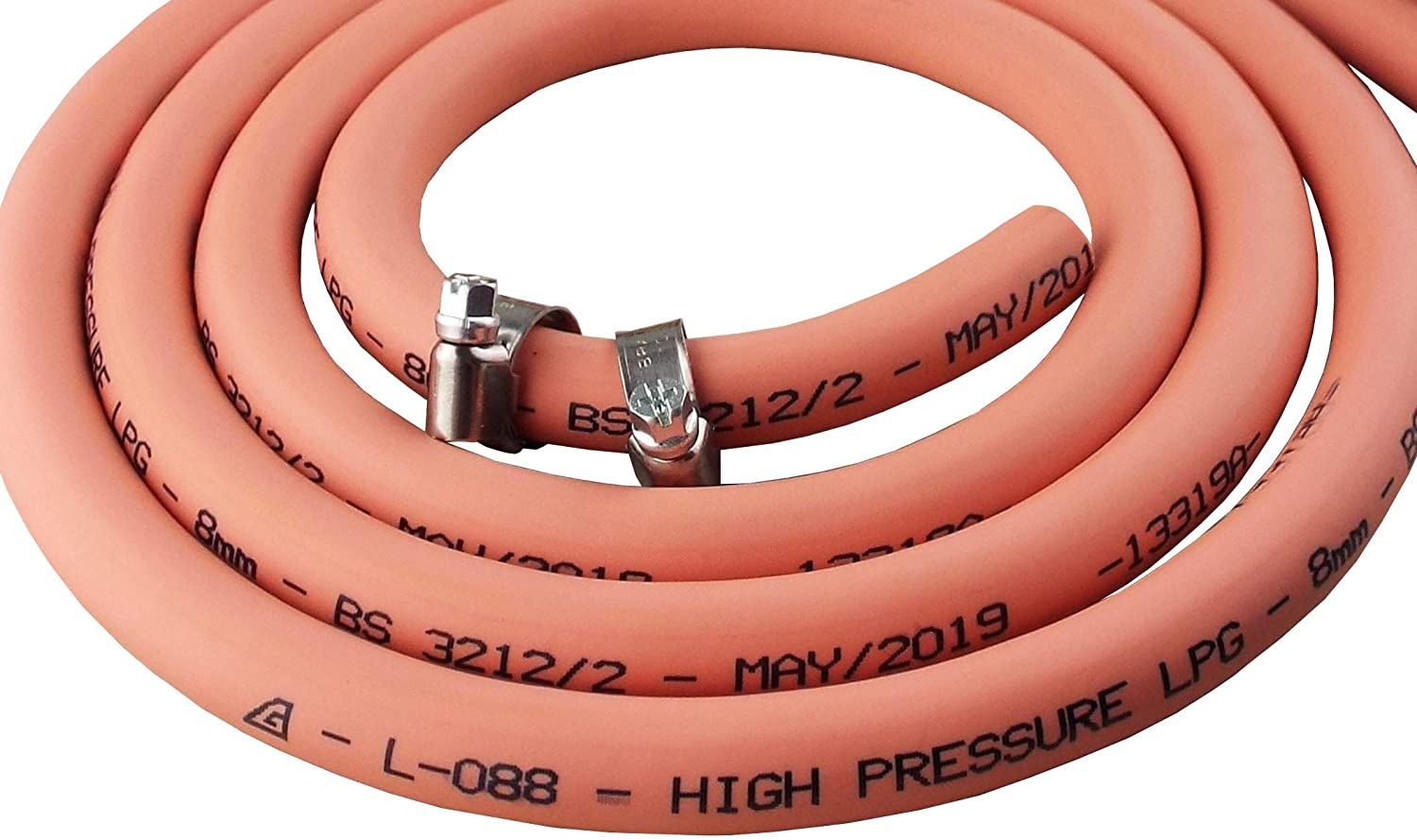 8mm Orange Gas Pipe for Propane/Butane, Stamped with Manufacture Date + Clips (2m), 8mm x 2m