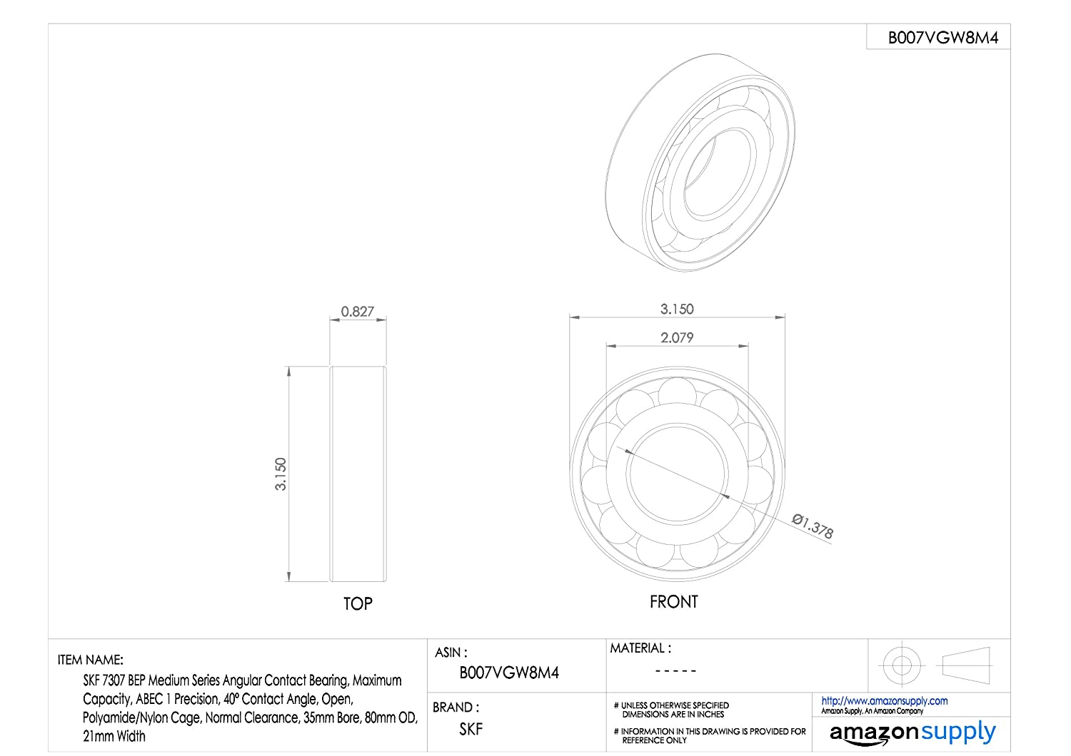 SKF 7307 BEP Angular Contact Radial Ball Bearing, steel - Image 2