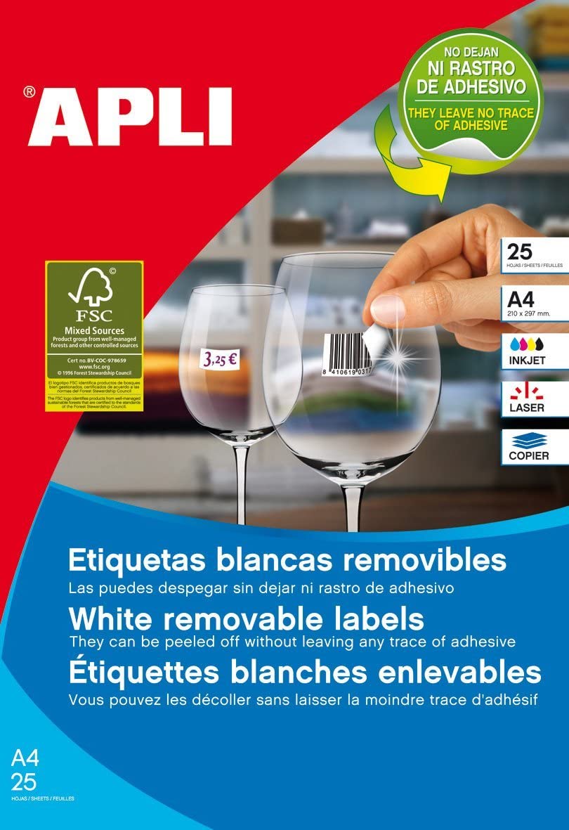 White Labels Adhesive, Removable 25 hojas White