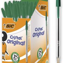 BIC Cristal Original Ballpoint Pens, Medium Point (1.0mm), Every-Day Writing Pens With Clear Barrel, Green, Box Of 50