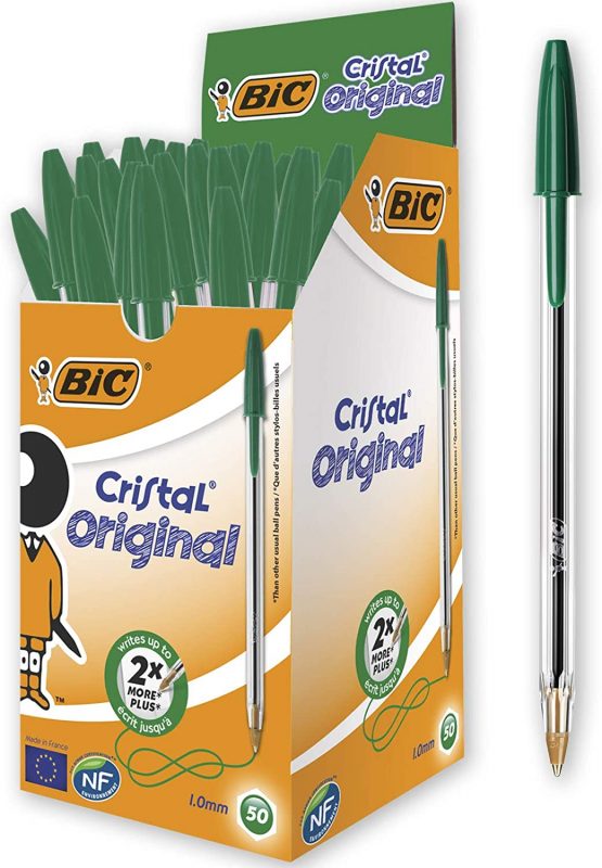 BIC Cristal Original Ballpoint Pens, Medium Point (1.0mm), Every-Day Writing Pens With Clear Barrel, Green, Box Of 50