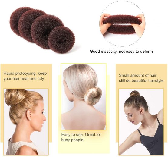 Hair Bun Maker Set 7 Pieces - Ring Style Donut Hair Bun Maker with 5 Elastic Hair Ties, 20 Hair Pins for Chignon Hairstyles, Hair Bun Shaper set for Kids Girls Women (Brown) - Image 2