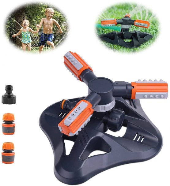 HERZO Garden Sprinklers, Automatic 360° 3 arms rotating Sprinkler system, adjustable effluent form and water volume,wide sprink area