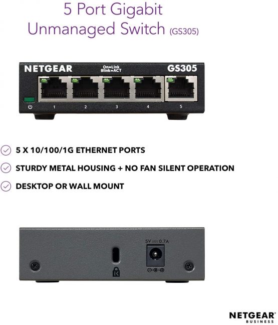 NETGEAR 5 Port Gigabit Network Switch (GS305) -Ethernet Switch, Home Network Hub, Office Ethernet Splitter, Plug-and-Play, Silent Operation, Desktop or Wall Mount - Image 2