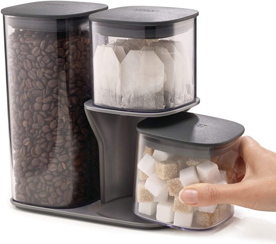 Joseph Joseph 81072 Podium 3-Piece Air Tight Kitchen Storage Jar Set with Stand, Grey- Set of 3 - Image 4