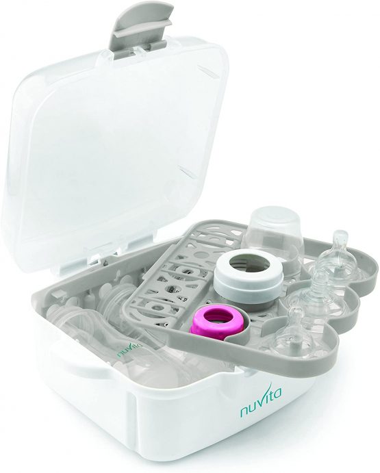Nuvita 1085 | Bottle Steriliser | Microwave Steam Sterilisers Compact 10.30'' | Fit All Microwaves and Baby Bottles Sizes | Anti-Burning Handles | Top Compartment Small Parts | BPA Free | EU Brand