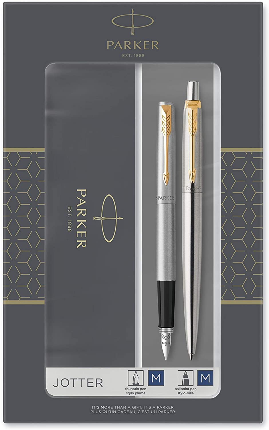 Parker Jotter Duo Gift Set including Ballpoint Pen & Fountain Pen, Stainless Steel Gold Trim