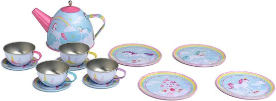 Jewelkeeper 15 Piece Kids Pretend Toy Tin Tea Set & Carrying Case - Rainbow Unicorn Design - Image 4