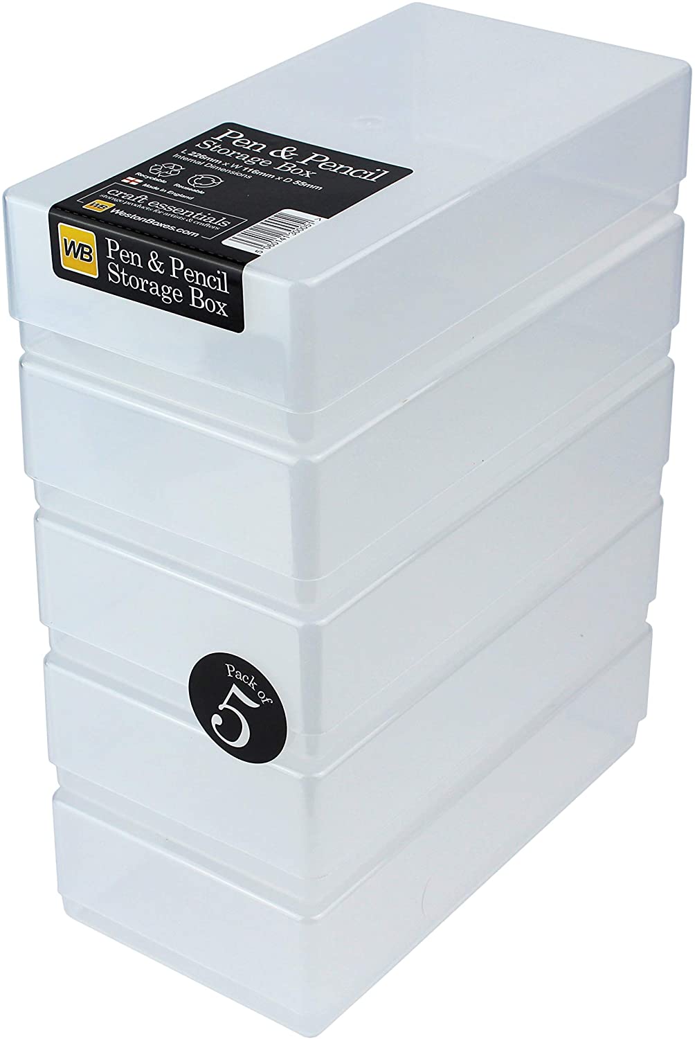 WestonBoxes Plastic Storage Boxes with Lids for Pens Pencils and Stationery - 1.4 Litre Volume (Clear/Transparent, Pack of 5)