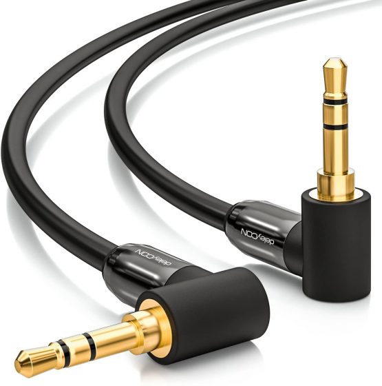 deleyCON 1.5m (4.92 ft.) Jack Cable 3.5mm Aux Cable Stereo Audio Cable Jack Plug 2x 90° Angled for Pc Laptop Mobile Smartphone Tablet Car Hi-Fi Receiver - Black