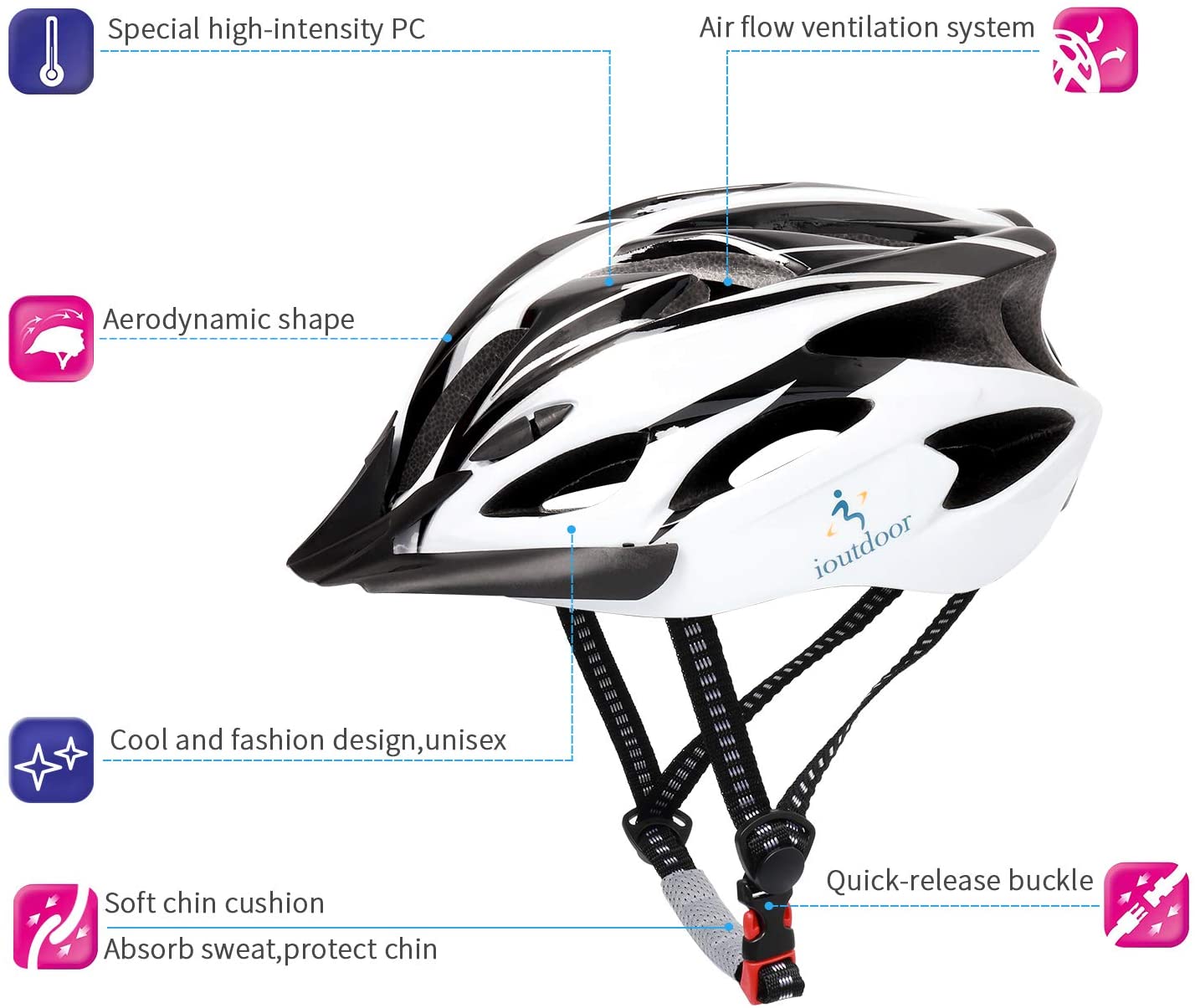 Bike Helmet Adult Cycle Helmets Ladies with Visor Bicycle & Cycling Sports Helmets 56-62CM 18 Vents for Teenagers Women Men (Black&White) - Image 3