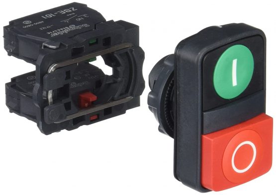 Schneider Electric Harmony XB5 - ON/OFF Push Button Switch, Plastic, Green Flush Marked I, Red Projecting Marked O, 1NO + 1NC, 22mm Mount, XB5AL73415