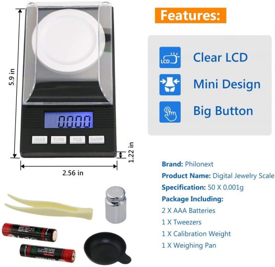 Philonext Digital Milligram Scale 50 X 0.001g - Mini LCD Digital Pocket Lab Weight Scale Reloading Jewelry Scale with Calibration Weights Tweezers & Weighing Pans - Image 2