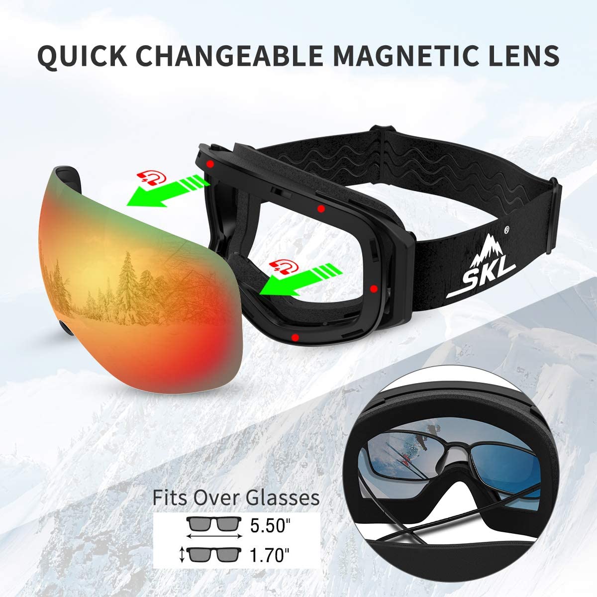 SKL Ski Goggles, OTG Snowboard Goggles,Snow Goggles with