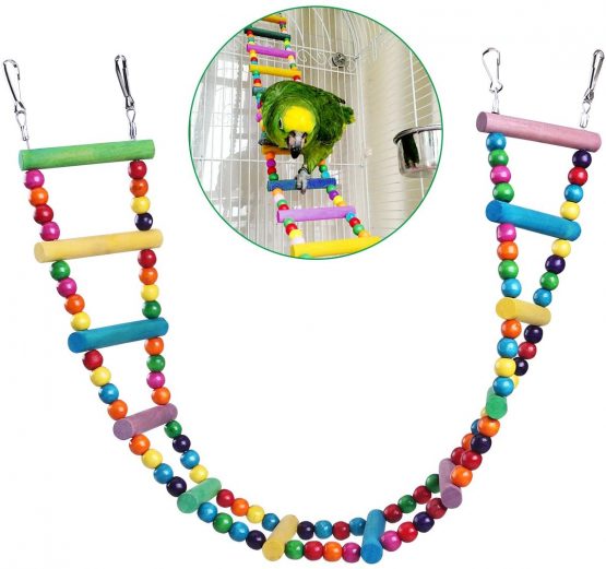 UEETEK Colorful Ladder Bird Toy，12-Step Flexible Ladders Wooden Rainbow Bridge Swings for Parrots Pet Trainning (Random Color)