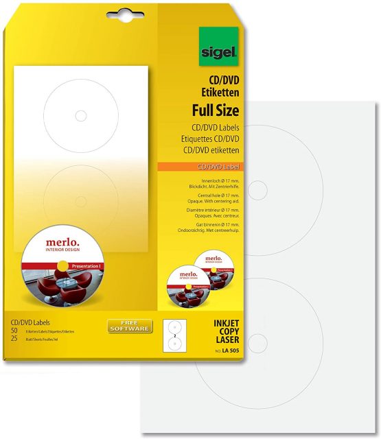 SIGEL LA505 Universal CD/DVD Labels with centering aid, Ø 11.7 cm (center Ø 1.7 cm), 50 lbl = 25 sheets, white