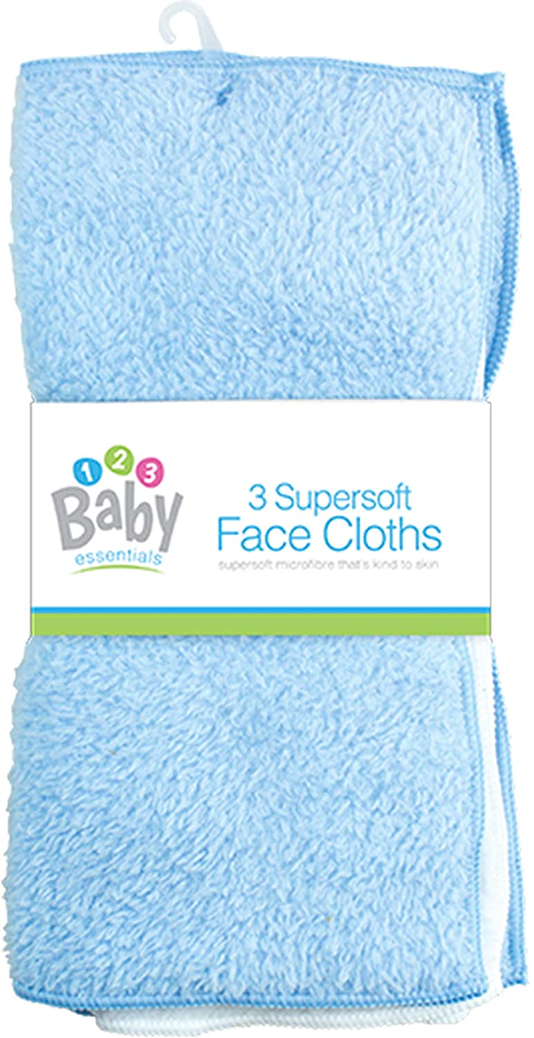 New 3 Pack Super Soft Baby FACE Hand Cloths Bath Flannel Wash Towel Wipe Feeding (Blue & White), 3 Count (Pack of 1)