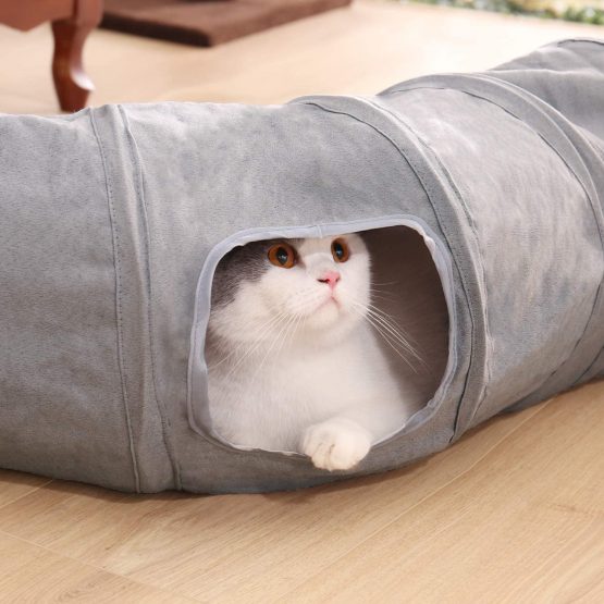 OHANA S Form Collapsible Cat Tunnel Toy in suede, Large cat tunnels for indoor cats rabbits with 2 holes and suspended ball Dia27*117cm - Image 3