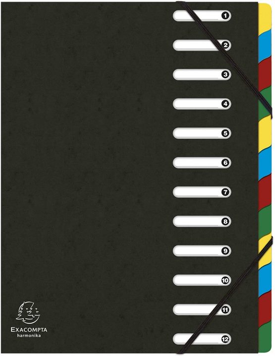 Exacompta Ref - 55121E Harmonika Multipart File, 24.5x32cm for A4 Sized Documents, 12 Tabbed Sections, Expandable Spine, Premium Pressboard Black Cover with Multi-Coloured Tabs