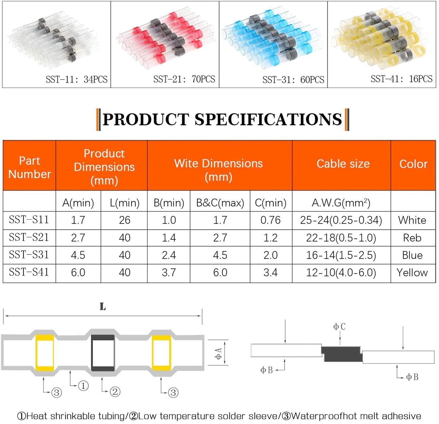 electrapick Solder Seal Wire Connectors, 180 PCS Waterproof Heat Shrink Butt Connectors, Electrical Wire Terminals - Image 2