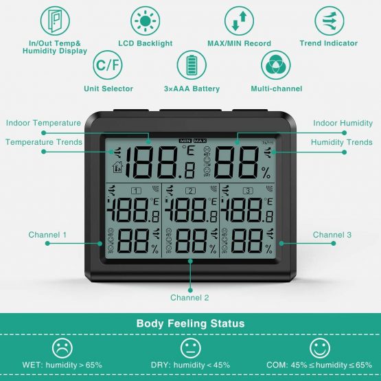 ORIA Digital Thermometer Hygrometer with 3 Sensors, Indoor/Outdoor Humidity Meter Temperature Monitor, Wireless Weather Station with Backlight, Comfort Icon, Arrow Trends for Temp and Humidity -Black - Image 2