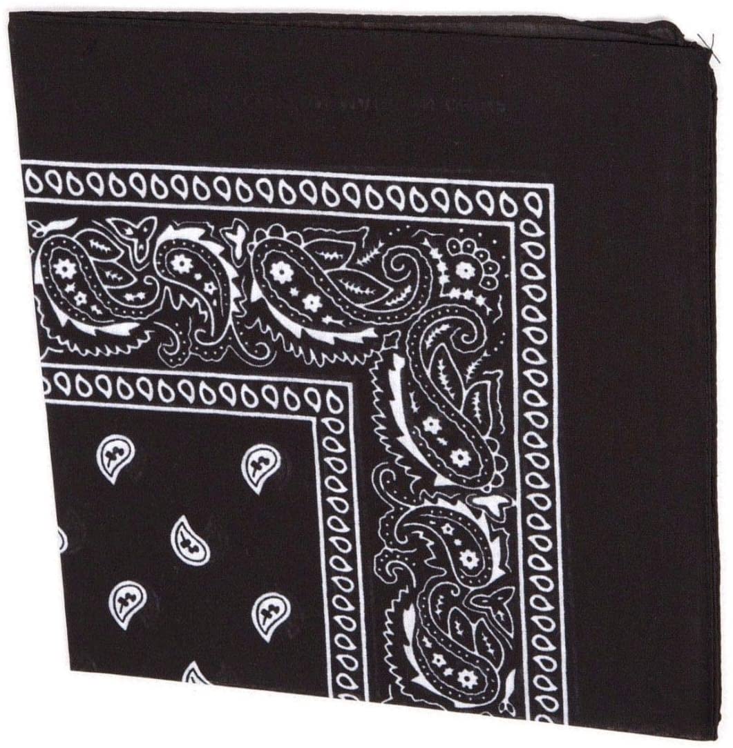 BLACK Bandana with WHITE square Paisley pattern ON BOTH SIDES