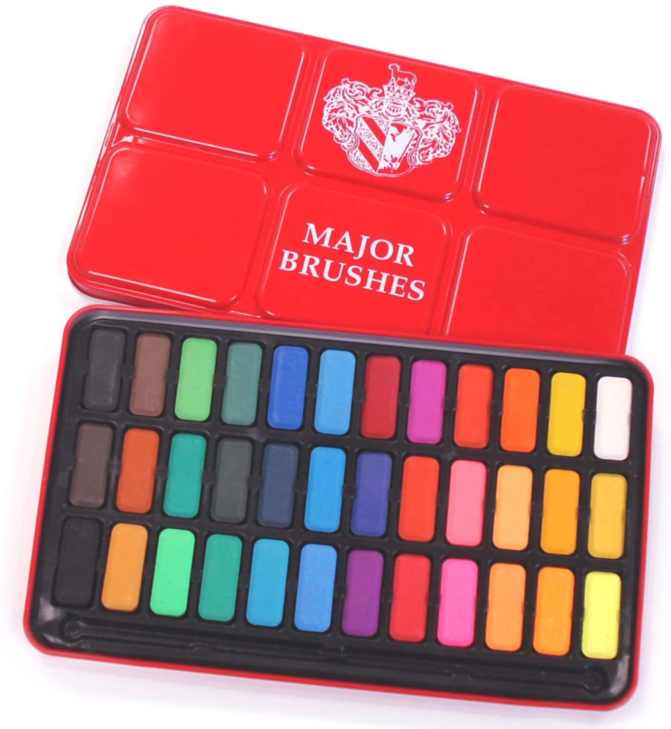 Major Brushes Artist Watercolour Paint Tin 36 Blocks Red Metal Lid, Multi, Red