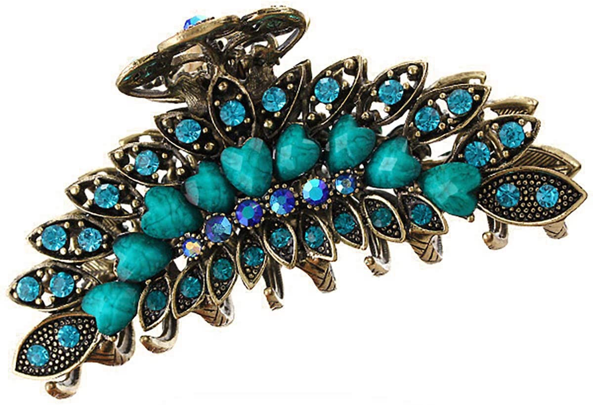 Fodattm Girls Women Lady Retro Flowers Hair Claw Clip Vintage Alloy Rhinestone Non-Slip Hair Jaw Clips Hairpin Large Hair Updo Grip Bath Accessories for Thick Hair Fancy Hair Clamp (Blue)