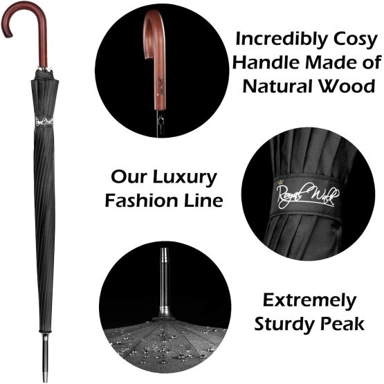 Royal Walk Windproof Umbrella Black Large 54 Inch Automatic Open for 2 Persons Stormproof for Men Women Classic Wooden Handle Lightweight Waterproof Durable Strong 16 Ribs Travel Golf Unisex 120cm - Image 2