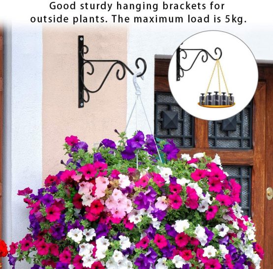 EMAGEREN 4 Pack Wall Hanging Brackets Hooks Metal Wall Hooks Heavy Duty Plant Hooks Retro Outdoor Indoor Garden Hook with Screws for Garden Basket Lantern Lawn Light Flower Pots, 25x20CM (Black) - Image 4