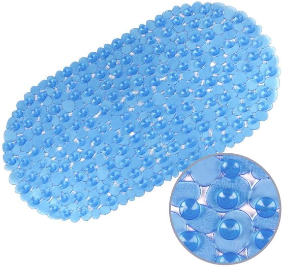 WELTRXE Non Slip Bath Mat for Bathroom, Pebble Frosted Anti-Mould Anti Slip Plastic Oval Bathtub Shower Mat with Grip Suction Cups, Blue, 69 x 36 cm