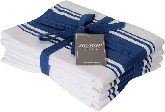 AMOUR INFINI Classic Vintage Stripe Kitchen Dish Towels | 4 Pack | 50 x 70 cm | Multi-use Kitchen Towels With Hanging Loop |100% Ring Spun Premium Cotton | Highly Absorbent Tea Towels | Blue