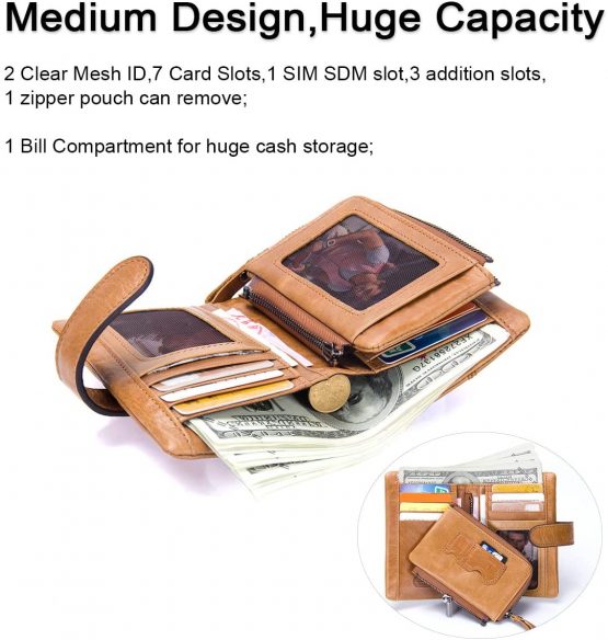 Contacts Mens Genuine Leather Trifold Wallet Card Holder Zipper Coin Bifold Short Purse Vintage (Brown) - Image 2